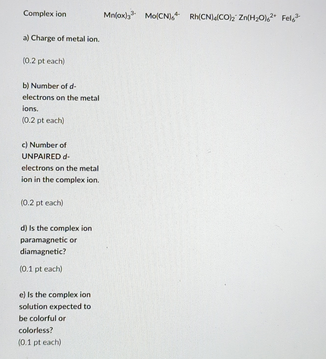 a) ﻿Charge of metal ion.(0.2 ﻿pt each)b) ﻿Number of