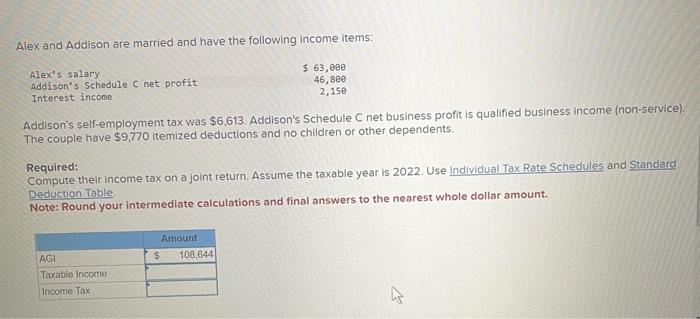 Solved Alex and Addison are married and have the following | Chegg.com