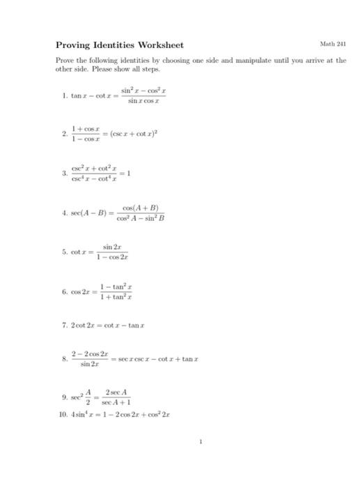 Solved Math 211 Proving Identities Worksheet Prove the | Chegg.com