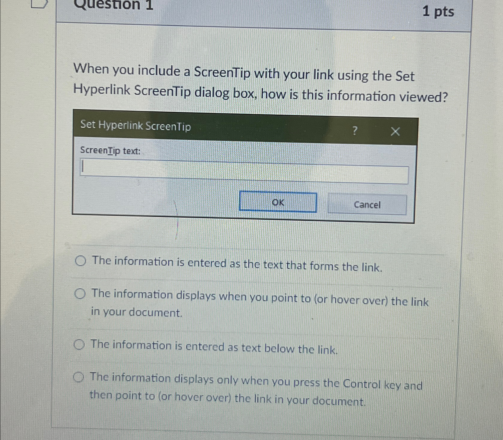Solved 1 ﻿ptsWhen you include a ScreenTip with your link | Chegg.com