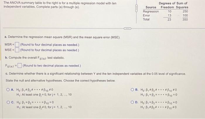 Solved The ANOVA summary table to the right is for a | Chegg.com