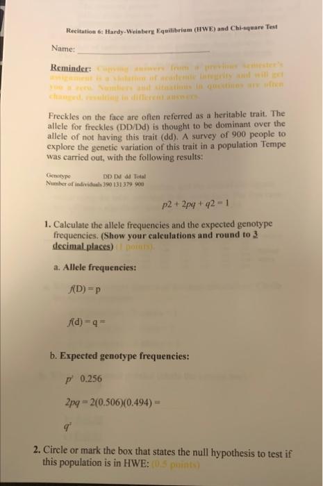 Recitation 6: Hardy-Weinberg Equilibrium (HWE) and | Chegg.com