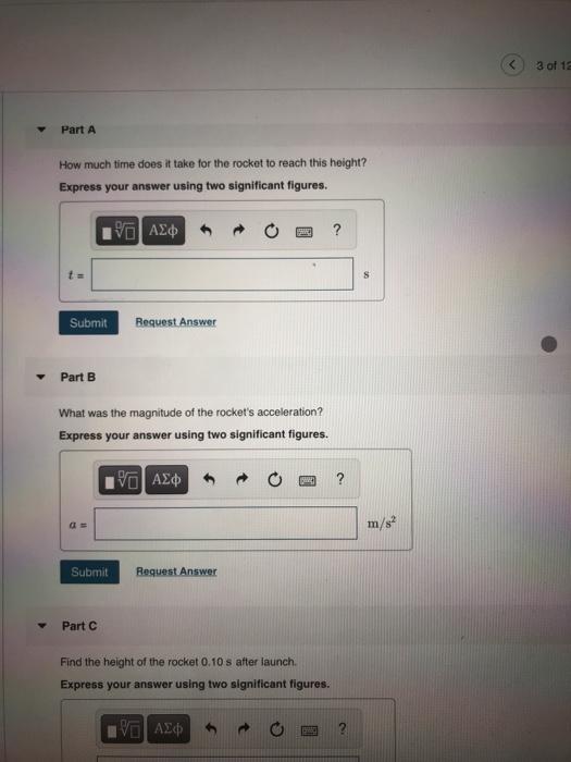 Solved A model rocket rises with constant acceleration to a