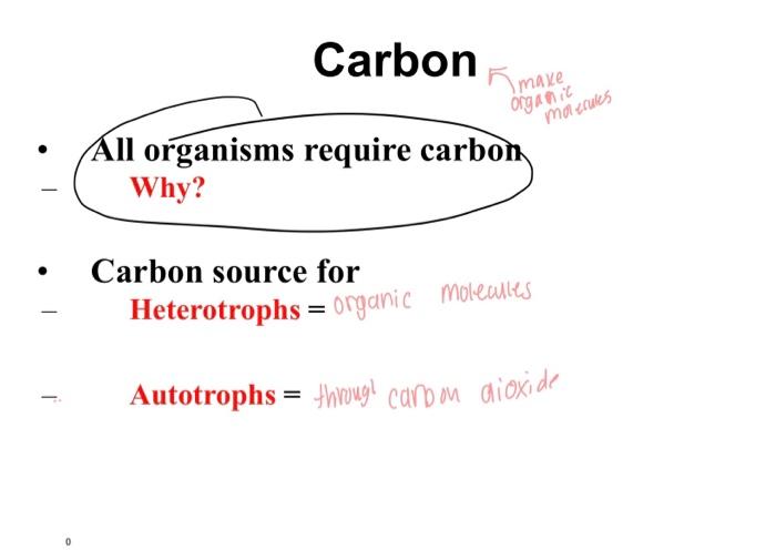 Carbon
- All organisms require carbon Why?
- Carbon source for
- Heterotrophs \( = \) organic molecales
- Autotrophs \( = \)