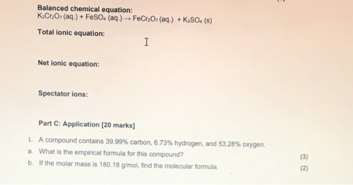 Solved Balanced chemical equation: K2Cr2O7 (aq.) + FeSO4 | Chegg.com