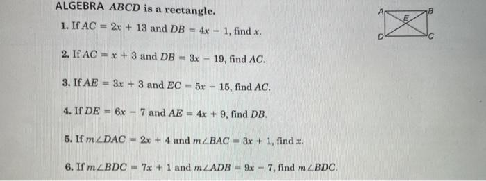 Solved B Algebra Abcd Is A Rectangle 1 If Ac 2x 13 Chegg Com