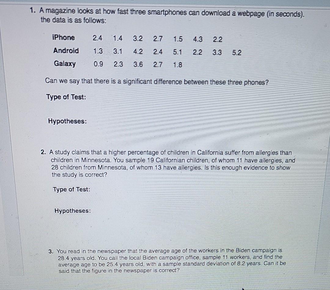 Solved For the following hypothesis tests, only write out | Chegg.com