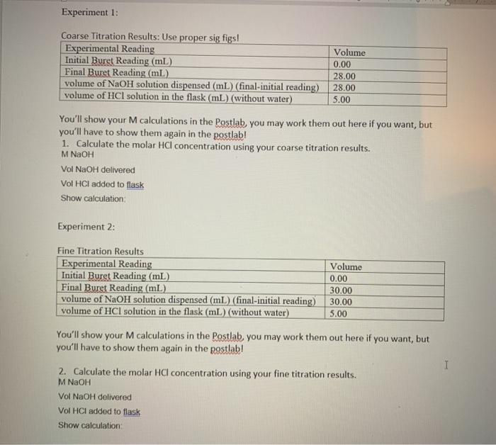 Solved how do I find molar HCl concentration for question 1 | Chegg.com