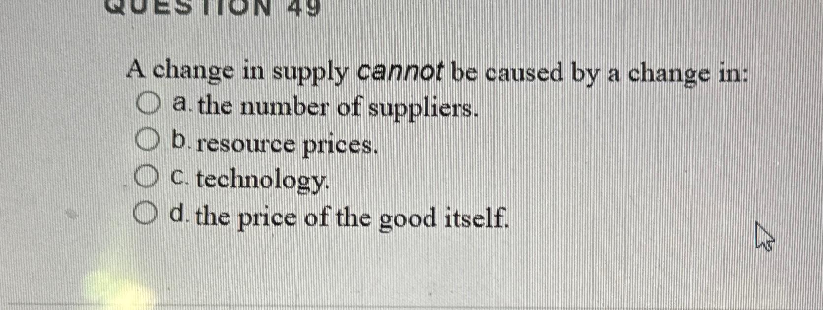 Solved A change in supply cannot be caused by a change in:a. | Chegg.com
