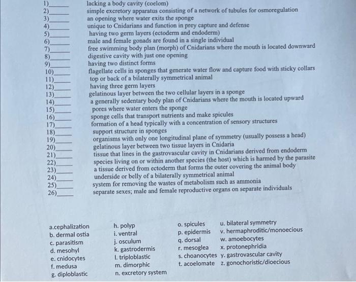 Solved a.cephalization b. dermal ostia c. parasitism d. | Chegg.com