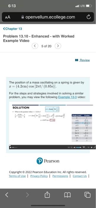 The position of a mass oscillating on a spring is given by \( x=(4.2 \mathrm{~cm}) \cos [2 \pi t /(0.85 \mathrm{~s})] \).

Fo