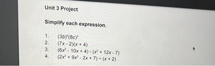 Solved Simplify each expression. 1. (3b)5(8c)3 2. | Chegg.com