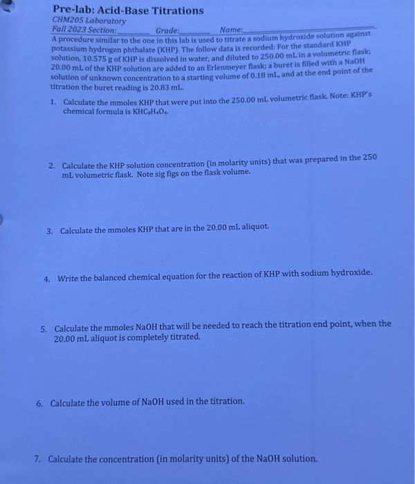 Solved Prelab AcidBase Titrations CHM205 Laboratory Fall