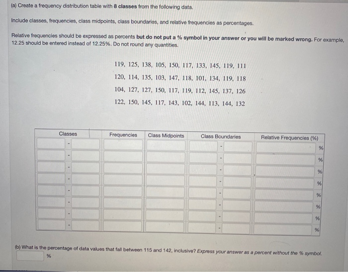 Solved (a) Create a frequency distribution table with 8 | Chegg.com