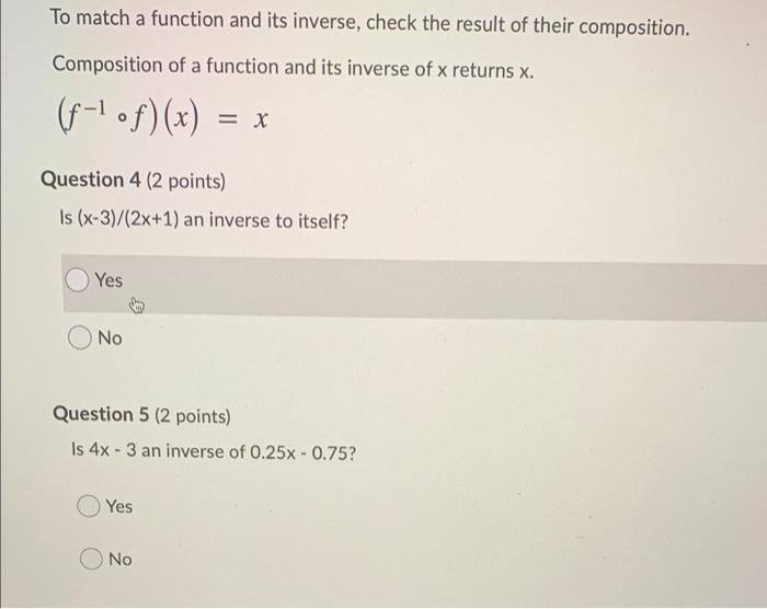 Solved To match a function and its inverse, check the result | Chegg.com