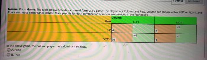 Solved points Normal Form Game: The table below provides a | Chegg.com