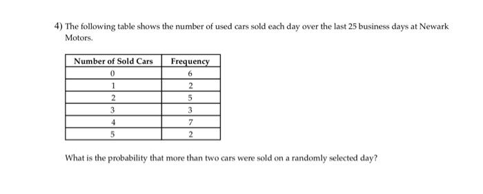 Solved 3) The following table shows the number of car | Chegg.com