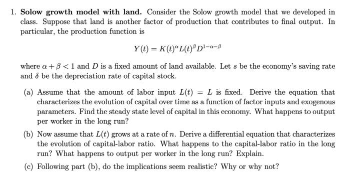 Solved 1. Solow growth model with land. Consider the Solow | Chegg.com