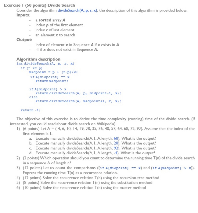 Solved Exercise I (50 points) Divide Search Consider the | Chegg.com