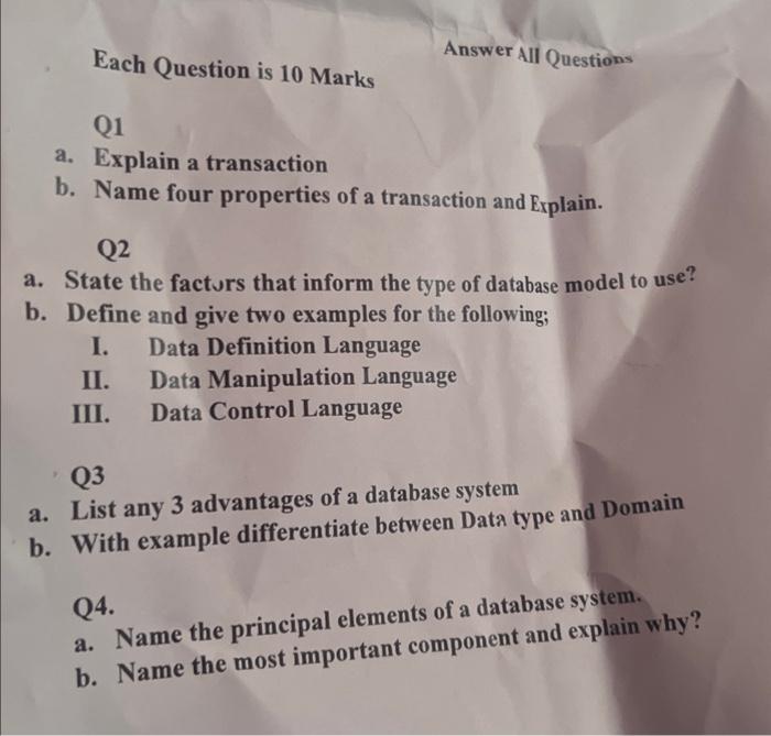 Solved Each Question is 10 Marks Answer All Questions Q1 a. | Chegg.com
