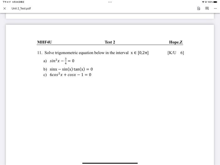 Solved T4:17 6826BND X Unit 2 Test.pdf MHF4U Test 2 11. | Chegg.com