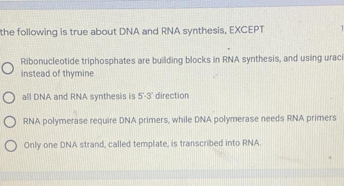 Solved the following is true about DNA and RNA synthesis, | Chegg.com