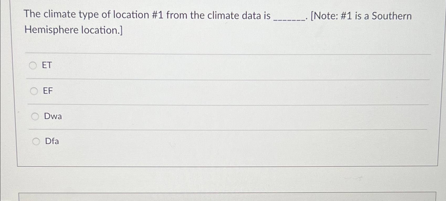 Solved The climate type of location #1 ﻿from the climate | Chegg.com