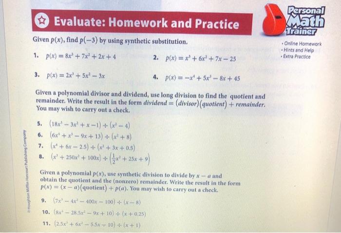 evaluate homework and practice workbook answers