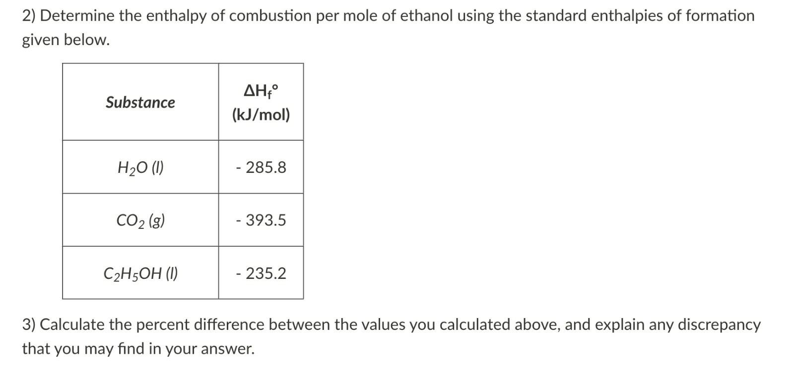 Solved 2) Determine the enthalpy of combustion per mole of | Chegg.com