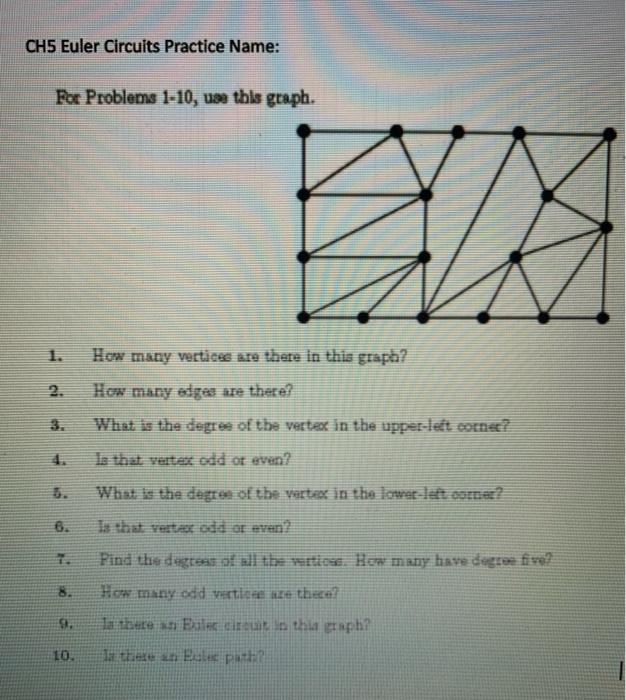 Solved CH5 Euler Circuits Practice Name: For Problems 1-10, | Chegg.com