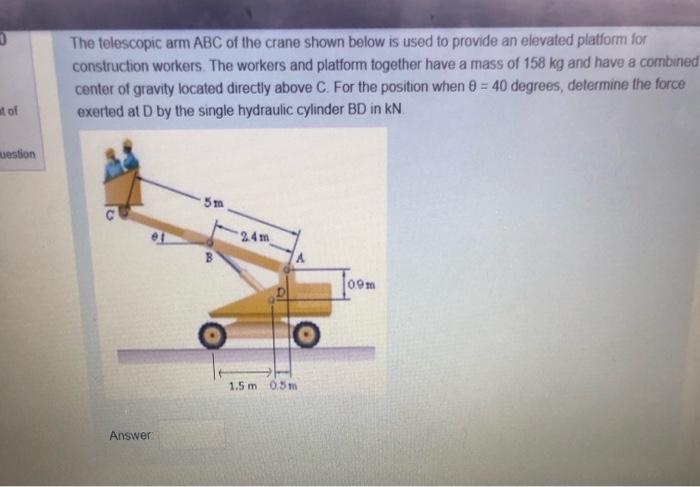 Solved The telescopic arm ABC of the crane shown below is | Chegg.com