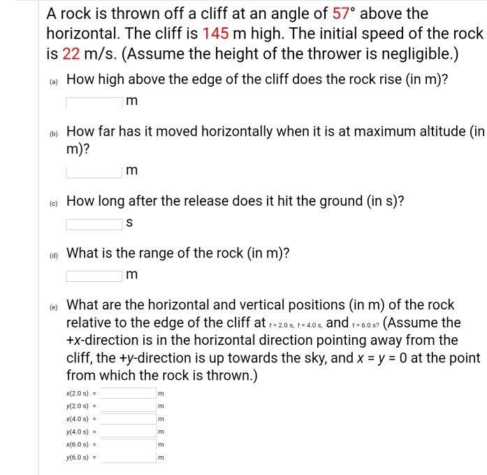 Solved A rock is thrown off a cliff at an angle of 57° above | Chegg.com