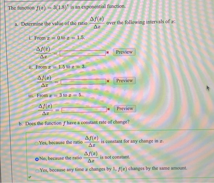 Solved The function f(x)=3(1.8)x is an exponential function. | Chegg.com