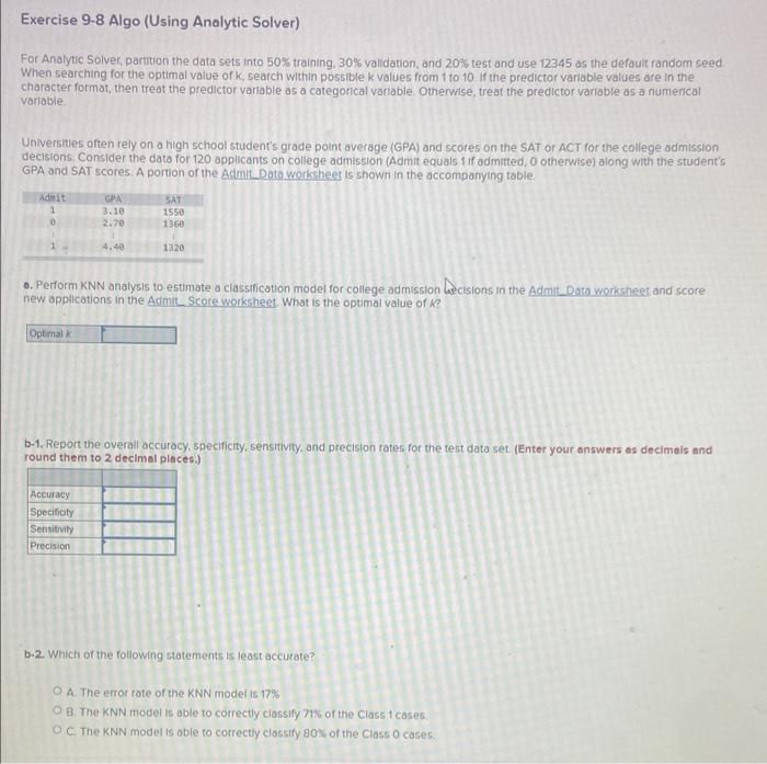 Solved Exercise 9-8 Algo (Using Analytic Solver) For | Chegg.com