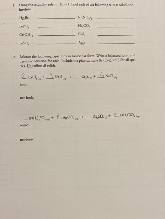 Solved 1. Using the solubility rules in Table 1, label each | Chegg.com
