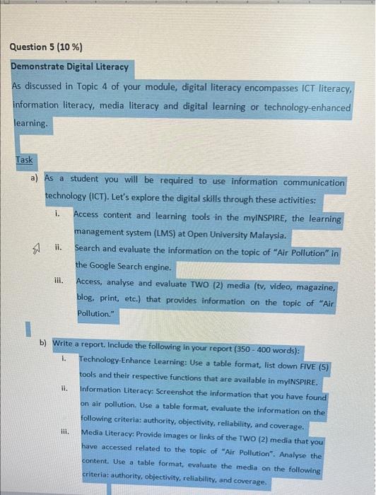 Solved Question 5 (10%) Demonstrate Digital Literacy As | Chegg.com