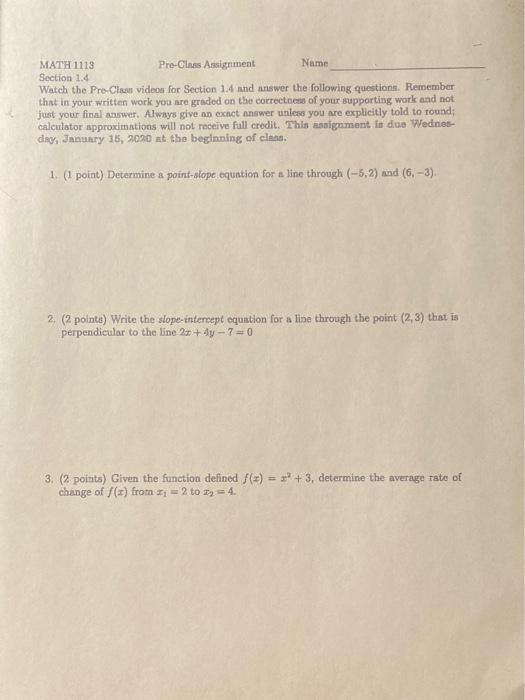 Solved MATH 1113 Pre-Class Assignment Name Section 1.4 Watch | Chegg.com