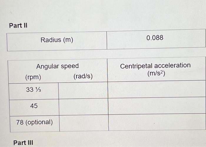 Solved Part II Radius (m) Angular speed (rpm) 33 13 45 Part | Chegg.com