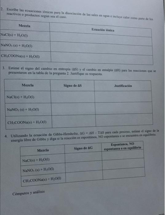 2. Escribe las ecuaciones iónicas para la disociación de las sales en agua e incluye calor como parte de los reactivos o prod