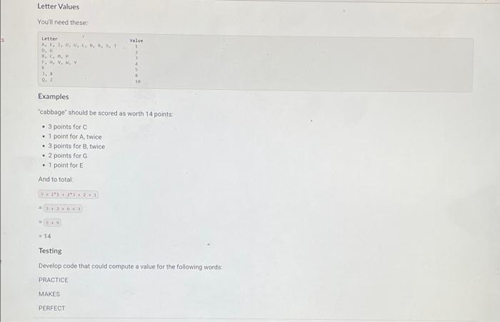 Solved Letter Values You'll need these Value Letter A, 1.0, | Chegg.com