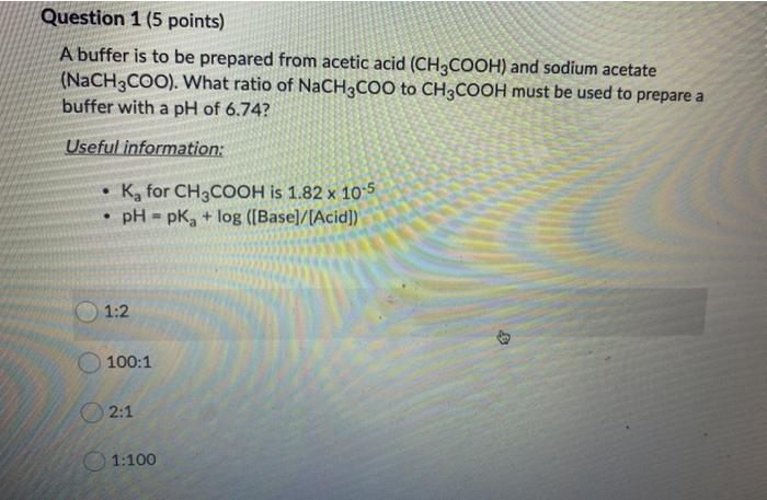 Solved Question 1 (5 points) A buffer is to be prepared from | Chegg.com