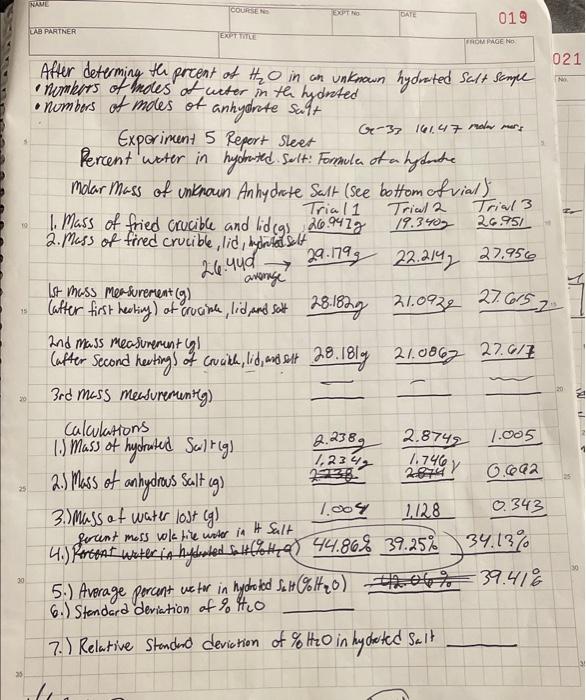 Solved 6.)finding the standard deviation of % of H2O7.) | Chegg.com
