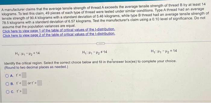 Solved A manufacturer claims that the average tensile | Chegg.com