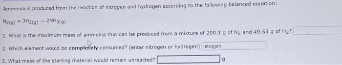 Solved Ammonia is produced from the reaction of nitrogen and | Chegg.com