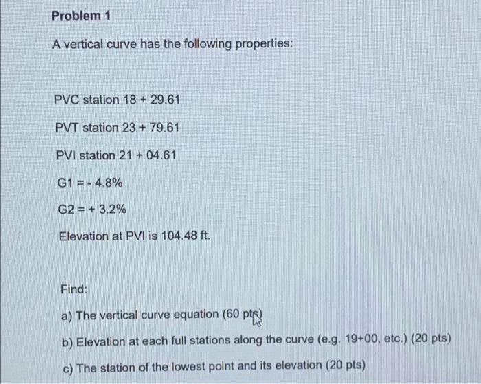 Solved Problem 1 A vertical curve has the following | Chegg.com