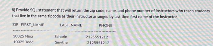 Solved 8) Provide SQL statement that will return the zip | Chegg.com