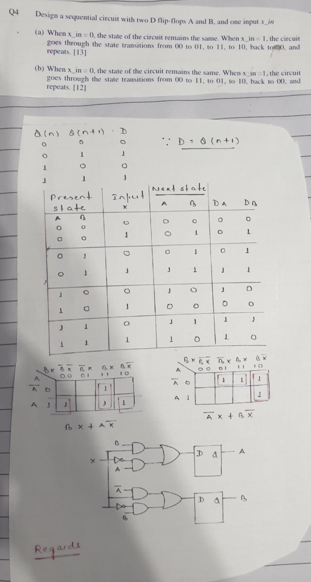 Solved Q4 Design a sequential circuit with two D flip-flops | Chegg.com