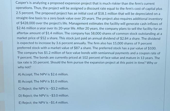 Solved Casper's is analyzing a proposed expansion project | Chegg.com