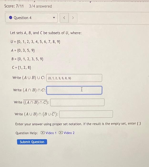 Solved Let Sets A,B, And C Be Subsets Of U, Where: | Chegg.com