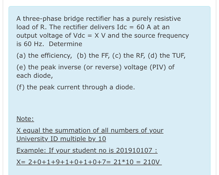 Solved A three-phase bridge rectifier has a purely resistive | Chegg.com